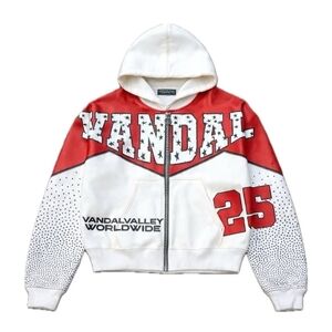 Vandal Vallet Men's Red and White Hoodie Full Zip Streetwear